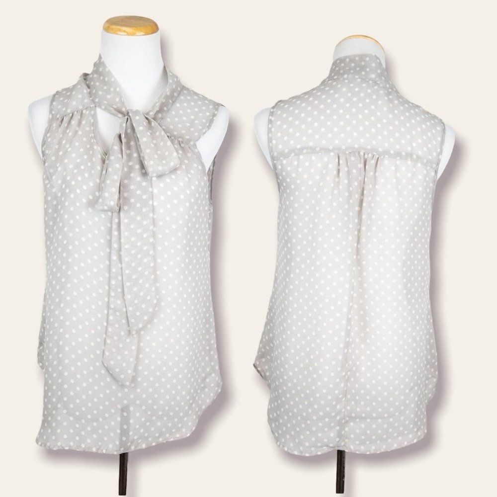 Daniel Rainn Womens Size Small Grey Polka Dot Neck Tie Sleeveless Blouse Sheer